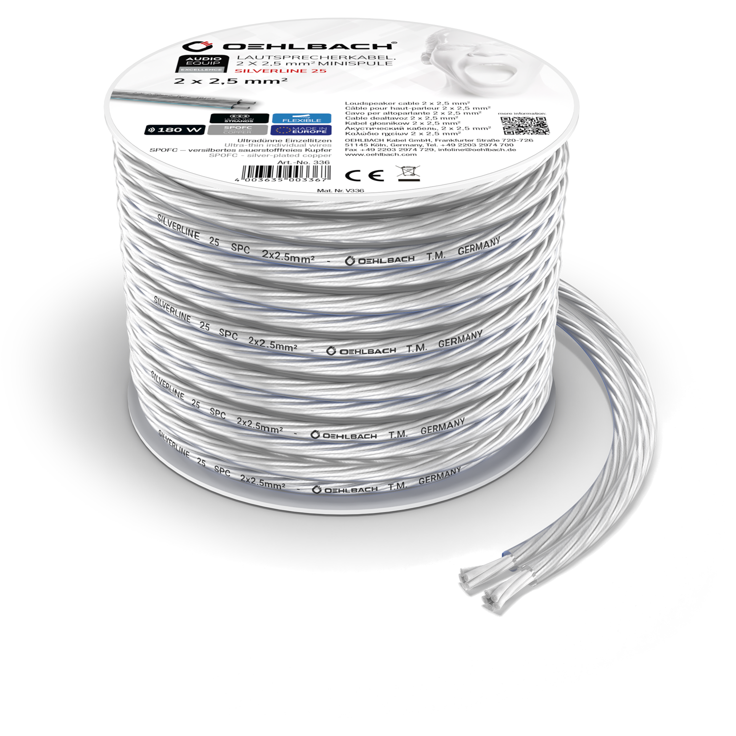 Silverline SP-25 Versilbertes Lautsprecherkabel Silbernes Lautsprecherkabel Oehlbach mit transparentem Mantel und sichtbaren Kupferadern auf weißem Hintergrund