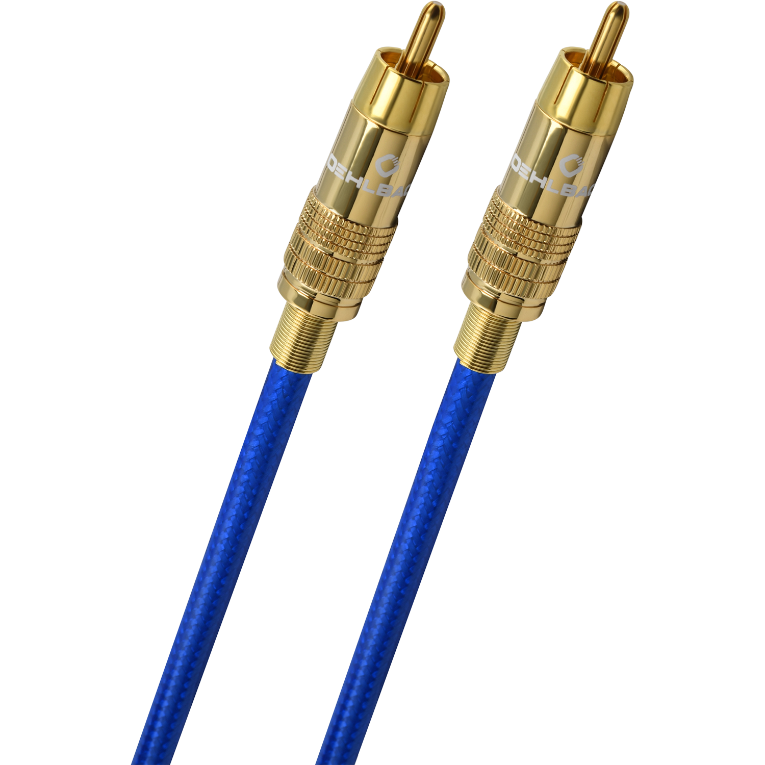 Digitales Audio-Cinchkabel Oehlbach goldene Stecker schwarzes Kabel Aufschrift Oehlbach auf Steckern blaues Detail am Steckerende