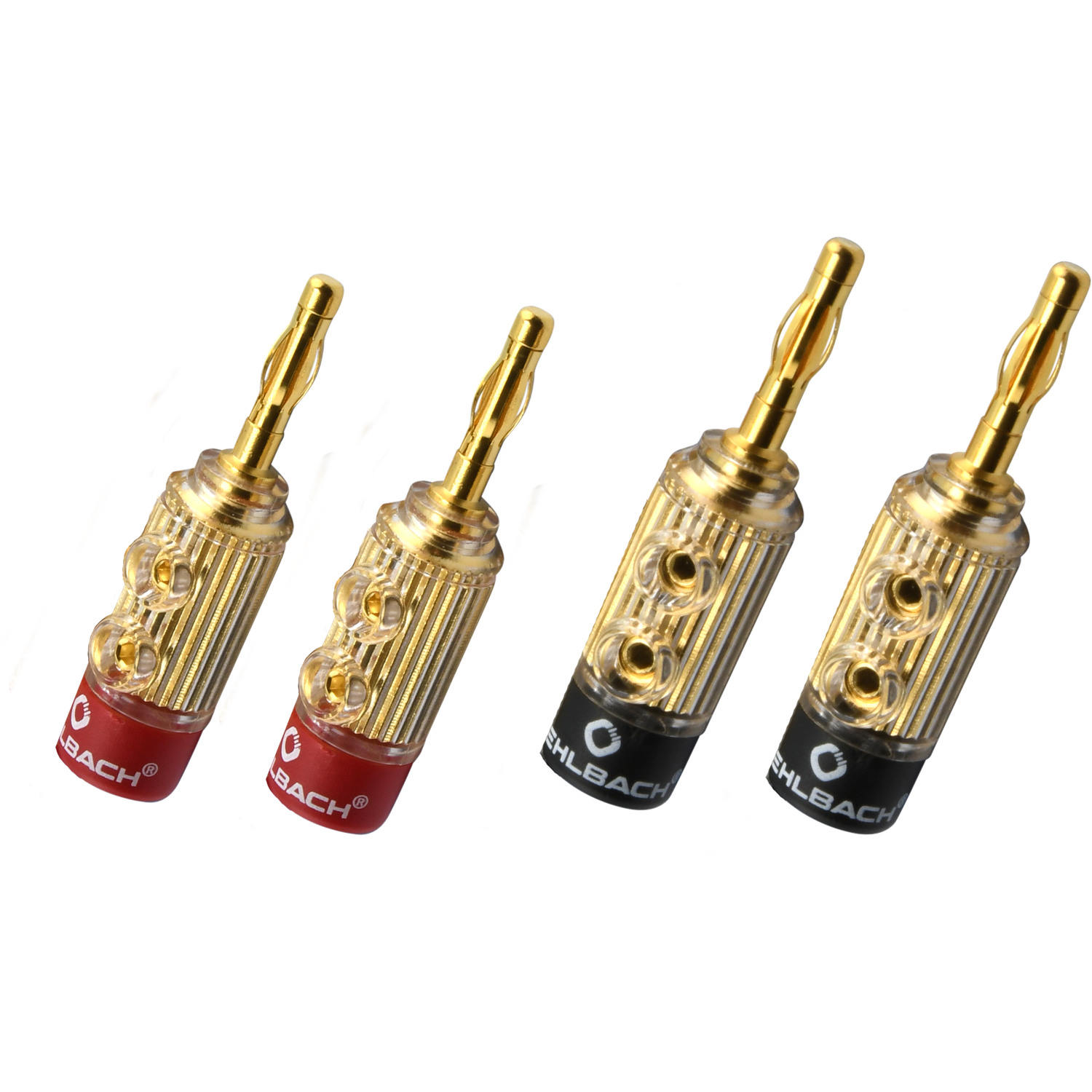 Produktbild Oehlbach High-End Banana-Verbinder für Lautsprecher zeigt zwei goldene Stecker mit schwarzem Gehäuse nebeneinander.