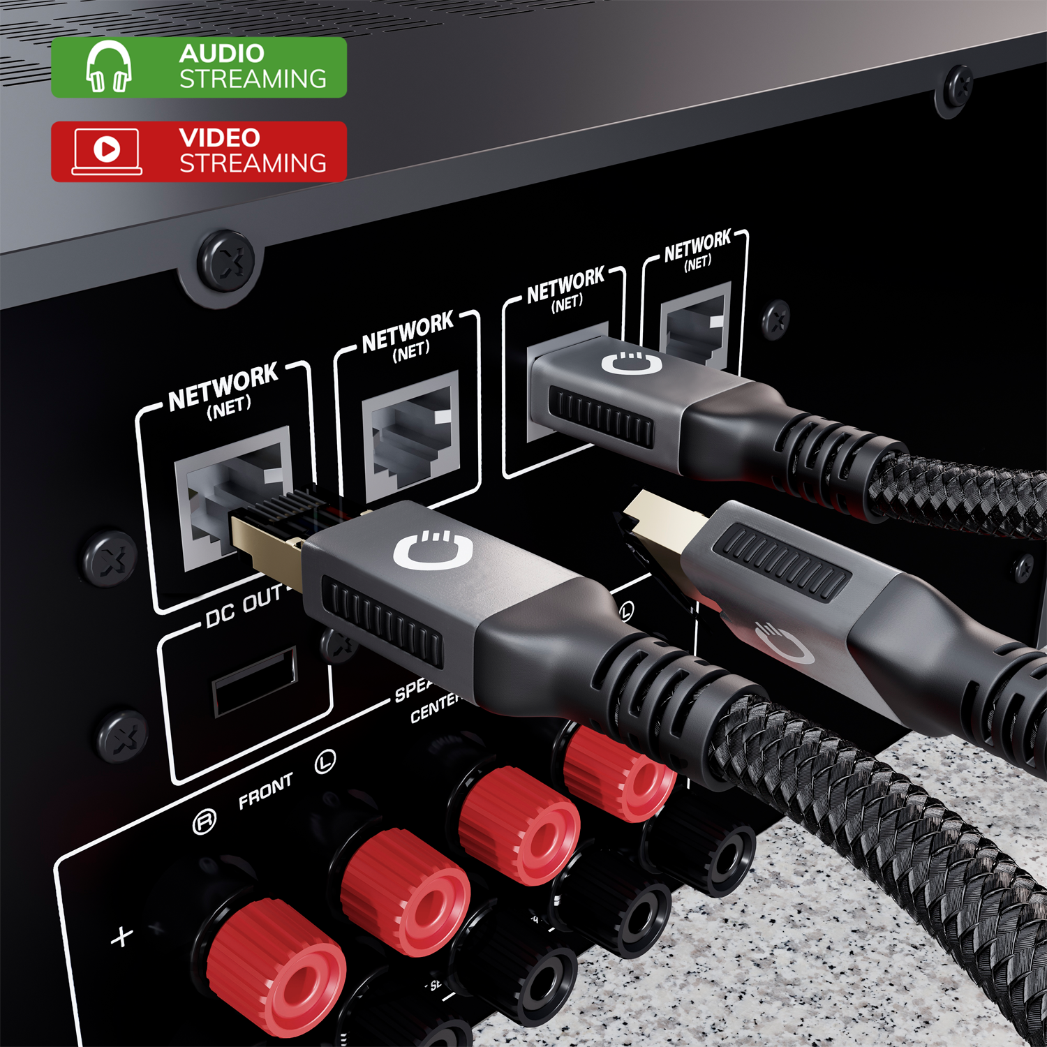 Produktbild zeigt Oehlbach High End Streaming Netzwerk Kabel Cat 8.1 in Schwarz mit goldenen Steckern vor weißem Hintergrund