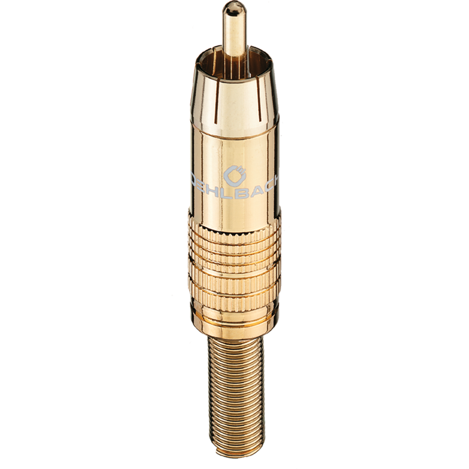 Oehlbach Cinch-Stecker goldfarben zwei schwarze Ringe silbernes Gehäuse rotes Oehlbach-Logo auf der Seite