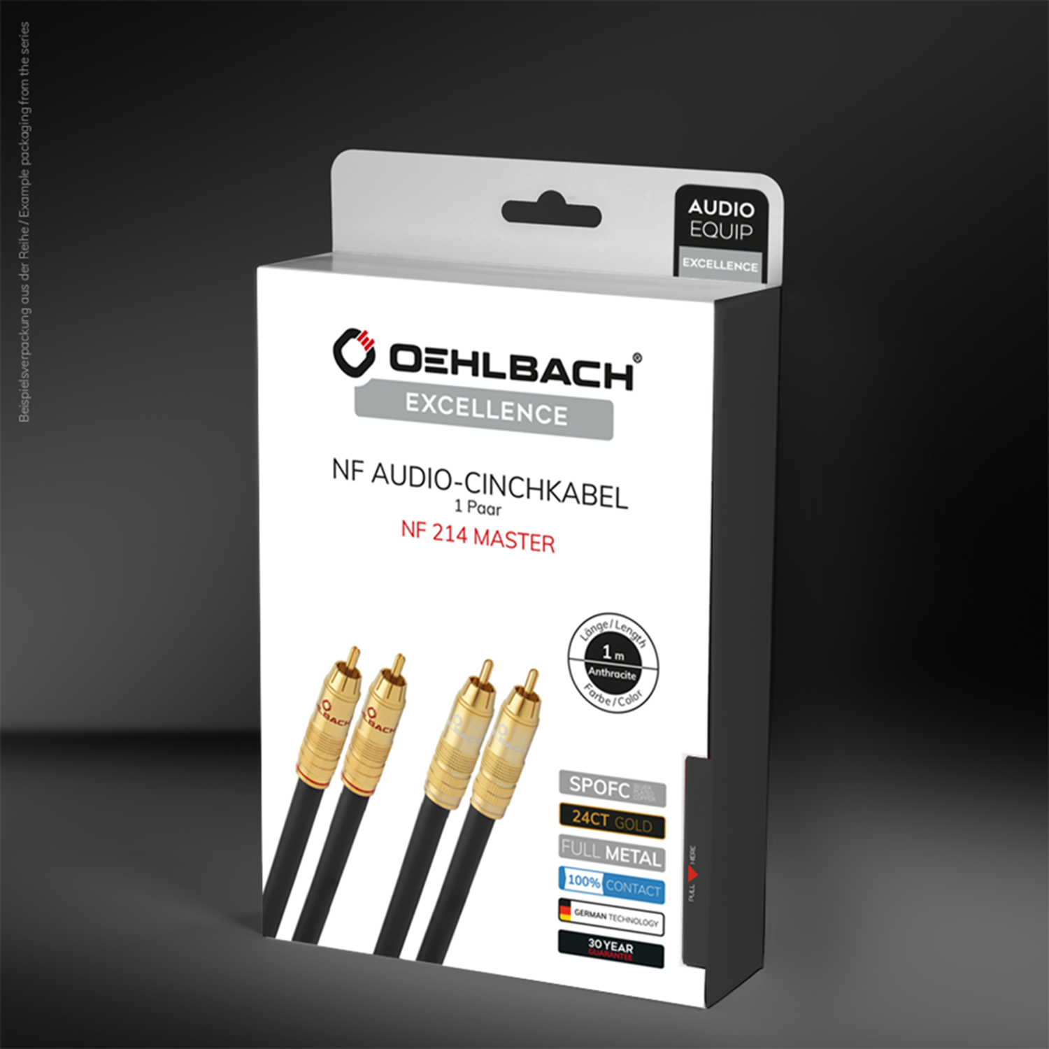 NF 214 Master NF Audio-Cinchkabel Audio-Cinchkabel Oehlbach schwarz-grau mit goldenen Steckern und rotem Detail linkes Kabelende sichtbar vor weißem Hintergrund