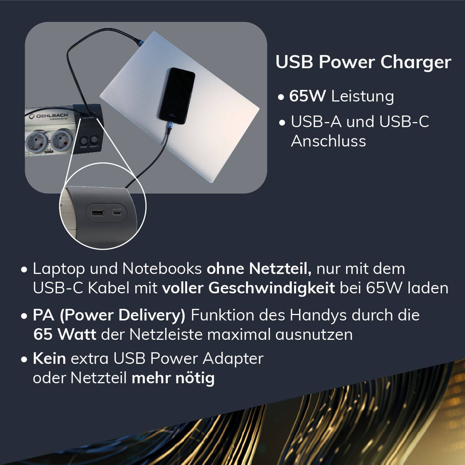 Hochwertige HiFi-Netzleiste Oehlbach Powersocket 907 MKII mit sechs Steckplätzen schwarzes Gehäuse Kabel links