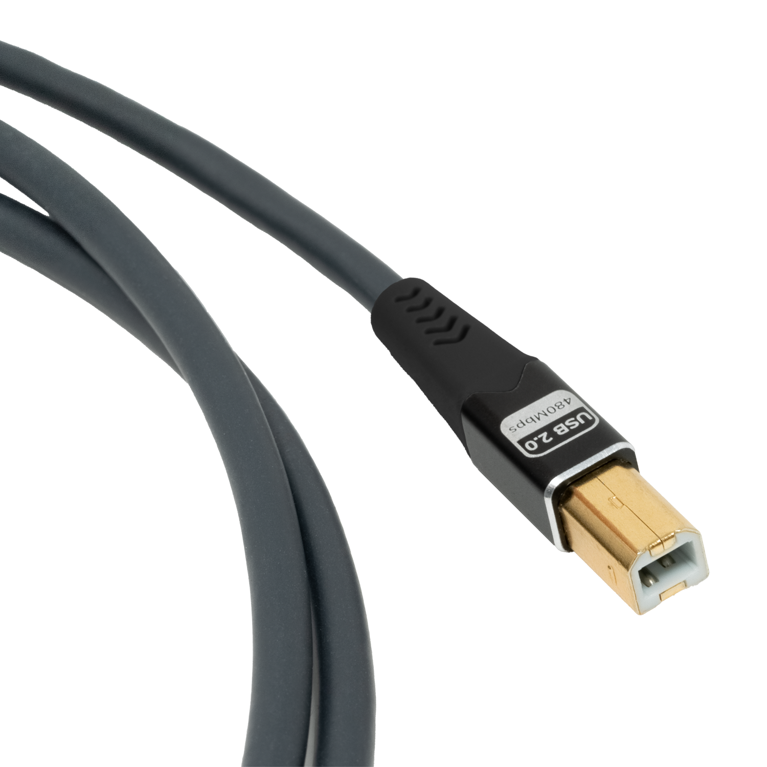 USB Typ A - Typ B Kabel von Oehlbach mit grauem Kunststoffmantel und vergoldeten Steckern auf weißem Hintergrund