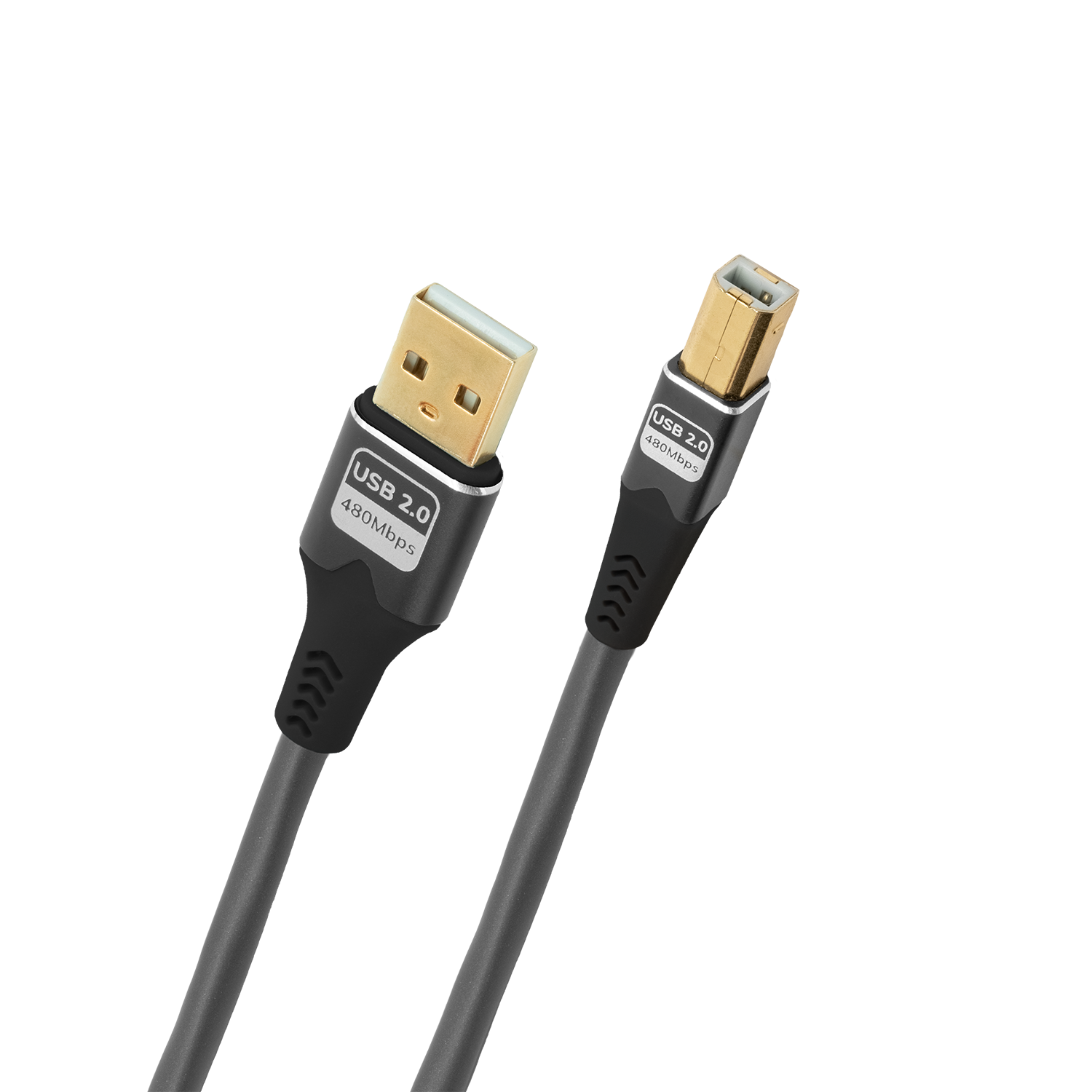 USB Typ A zu Typ B Kabel Oehlbach schwarz mit goldenen Steckern auf weißem Hintergrund.