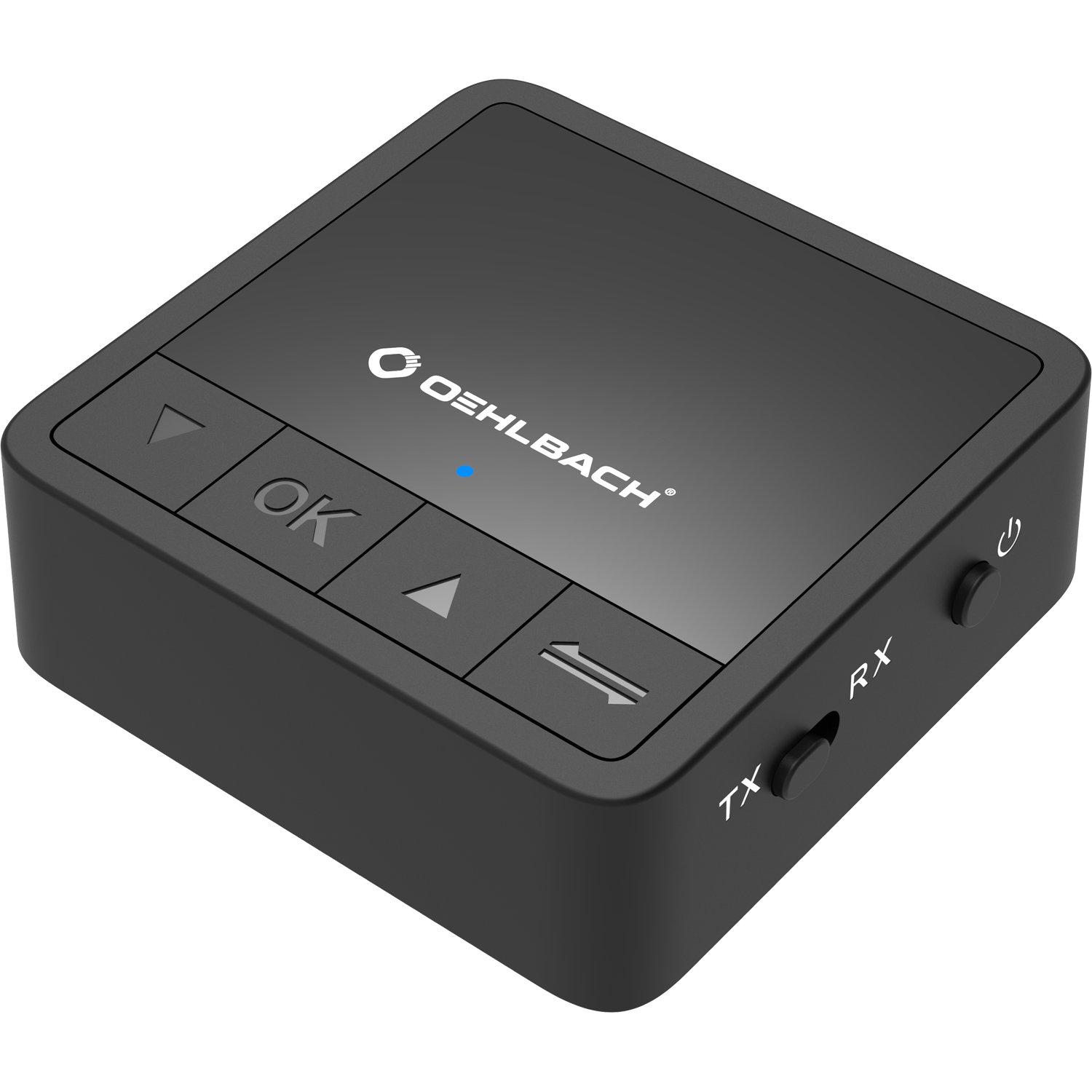 Bluetooth Transmitter Receiver Oehlbach schwarz vor weißem Hintergrund mit sichtbaren Anschlüssen und Tasten links