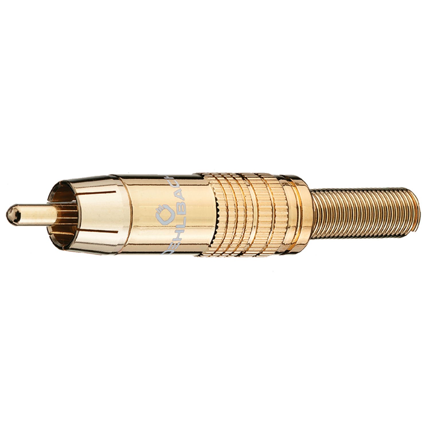 Weißer Cinch-Stecker Oehlbach links im Bild sichtbar mit goldener Spitze und rotem Ring auf grauem Hintergrund