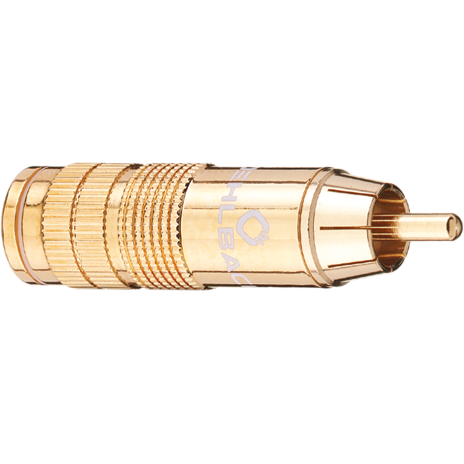 Cinch Stecker Oehlbach schwarz goldene Kontakte silbernes Gehäuse Oehlbach Logo auf Steckerende