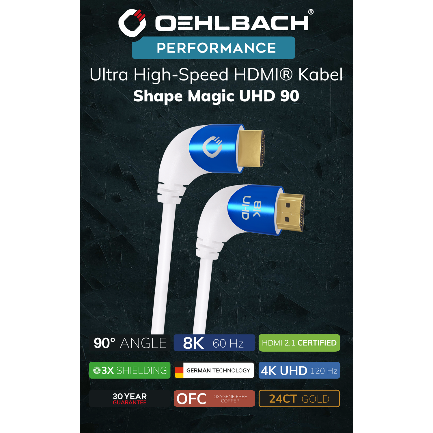 HDMI-Kabel mit Aufschrift Ultra High Speed Oehlbach schwarzes Kabel mit goldenen Steckern auf weißem Hintergrund