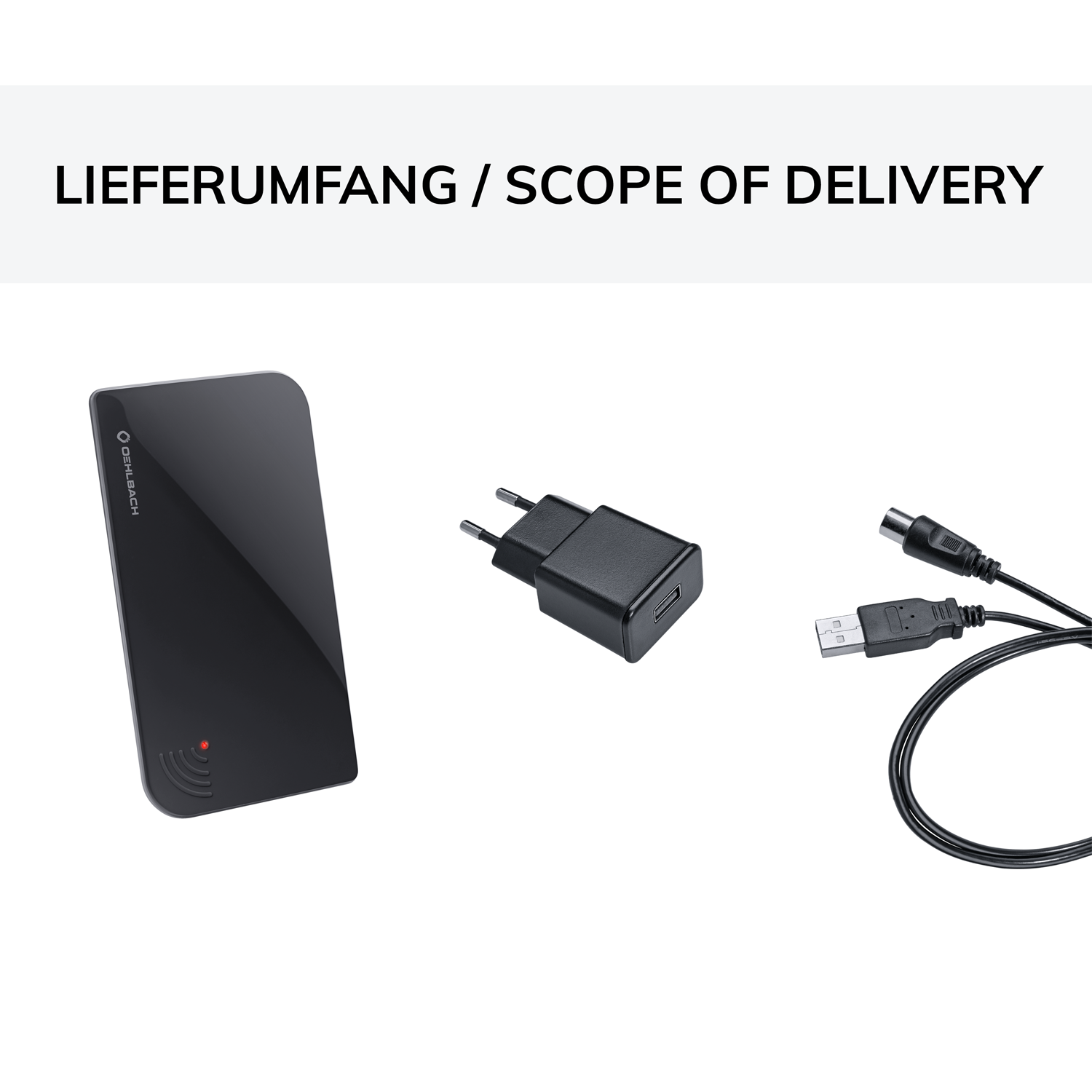 Schwarze Zimmerantenne mit Oehlbach-Logo unten links auf weißem Hintergrund mit zwei ausziehbaren Teleskopstangen